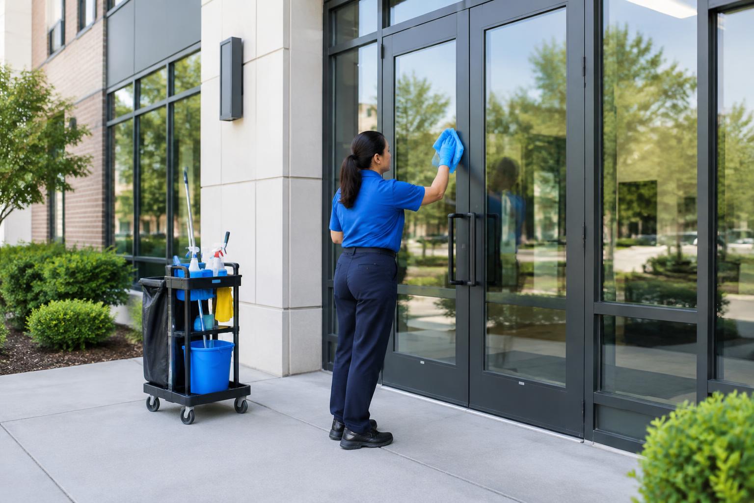 Professional cleaner wiping the glass entrance of a modern commercial building