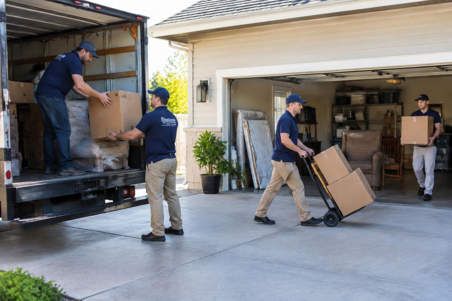 A crew clearing items from a garage into a truck